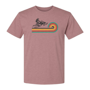 Snowmobile T-Shirt, Retro Rainbow Stripe Winter Sports Graphic Tee for Sledding Fans