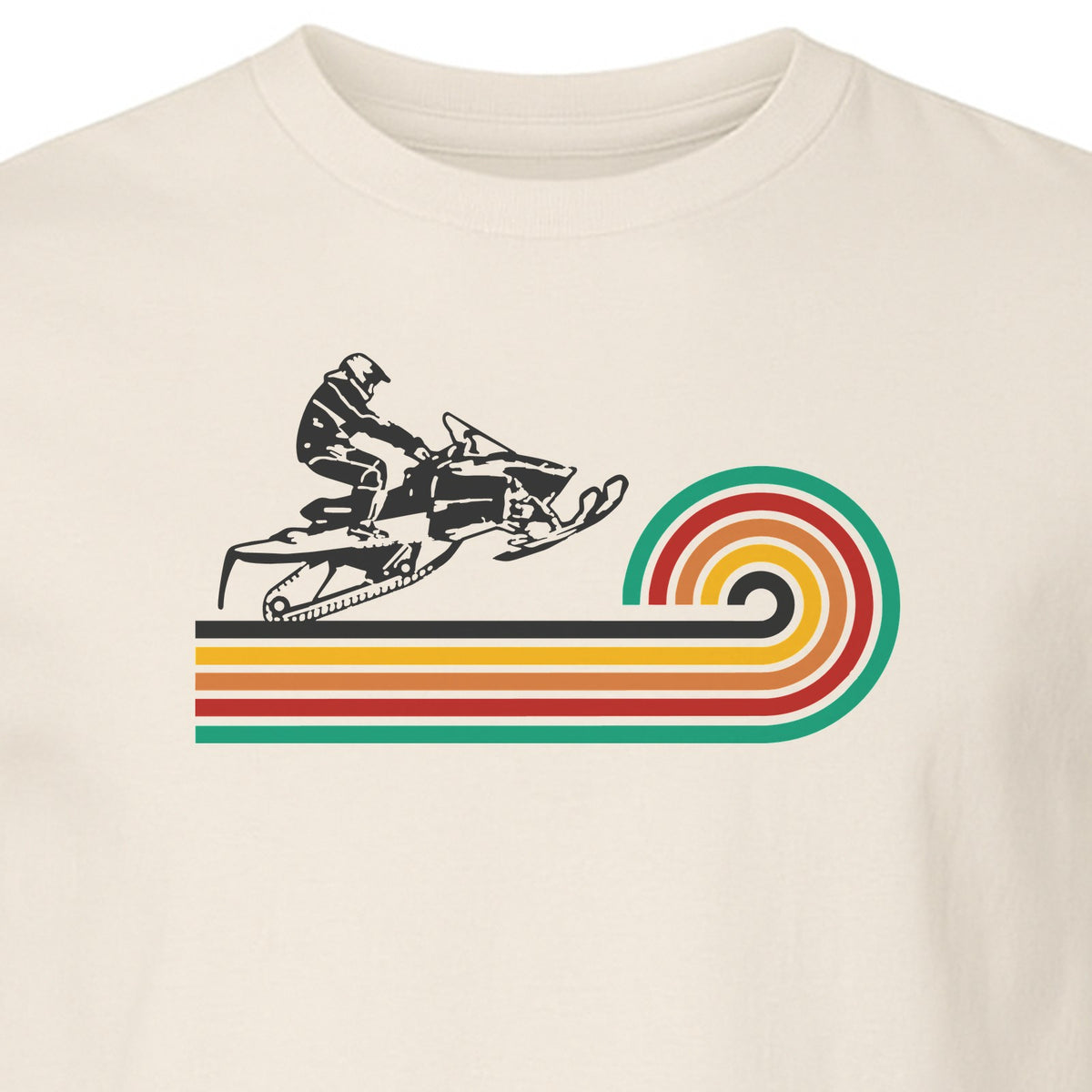 Snowmobile T-Shirt, Retro Rainbow Stripe Winter Sports Graphic Tee for Sledding Fans