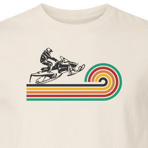 Snowmobile T-Shirt, Retro Rainbow Stripe Winter Sports Graphic Tee for Sledding Fans
