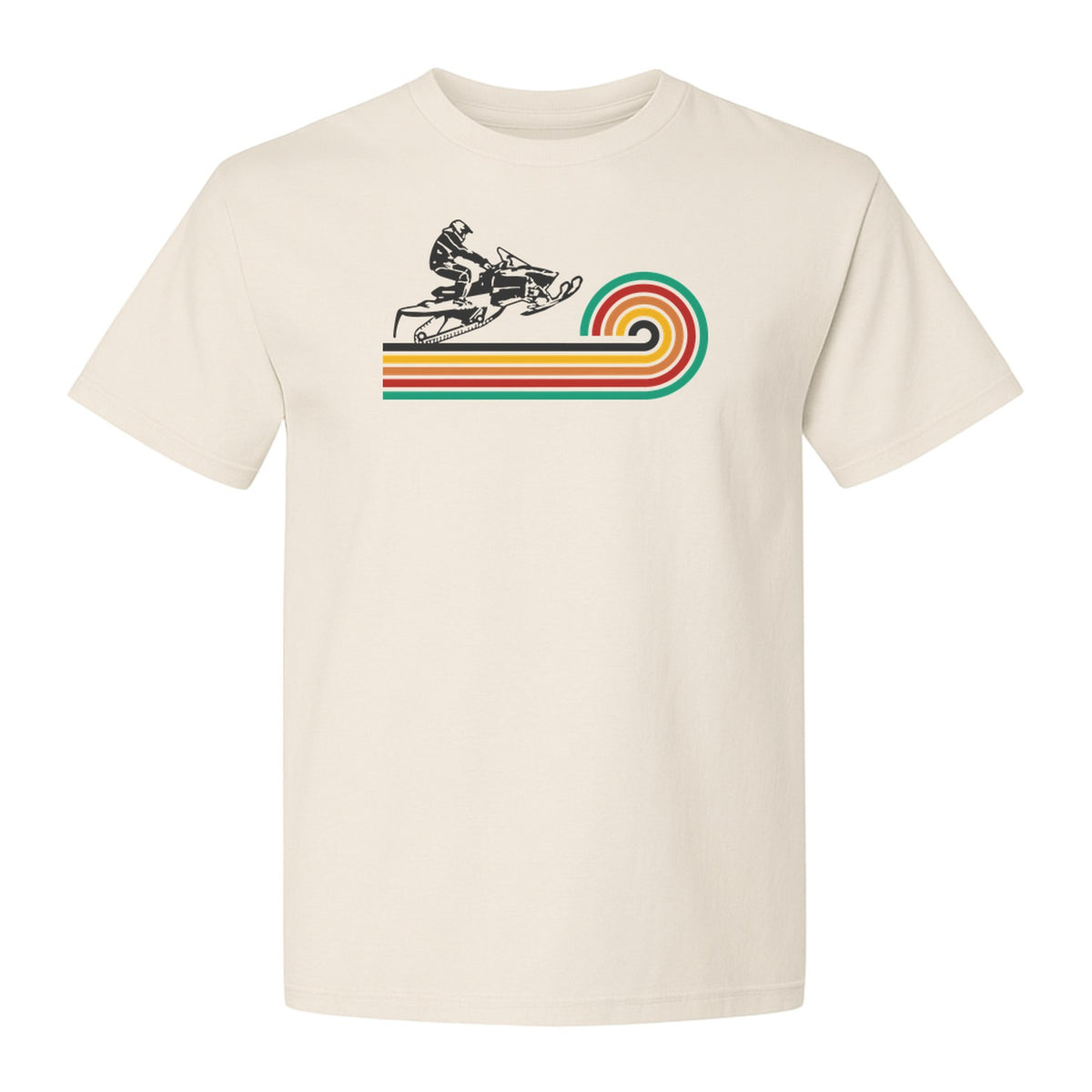 Snowmobile T-Shirt, Retro Rainbow Stripe Winter Sports Graphic Tee for Sledding Fans