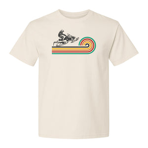 Snowmobile T-Shirt, Retro Rainbow Stripe Winter Sports Graphic Tee for Sledding Fans