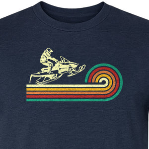 Snowmobile T-Shirt, Retro Rainbow Stripe Winter Sports Graphic Tee for Sledding Fans