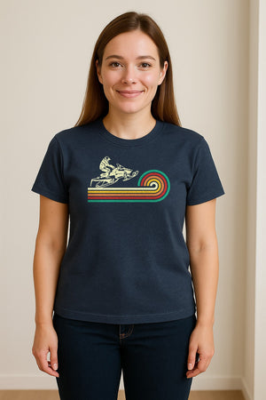 Snowmobile T-Shirt, Retro Rainbow Stripe Winter Sports Graphic Tee for Sledding Fans