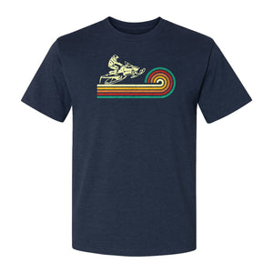 Snowmobile T-Shirt, Retro Rainbow Stripe Winter Sports Graphic Tee for Sledding Fans