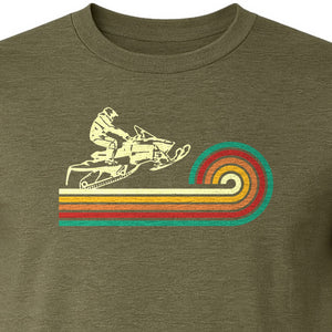 Snowmobile T-Shirt, Retro Rainbow Stripe Winter Sports Graphic Tee for Sledding Fans