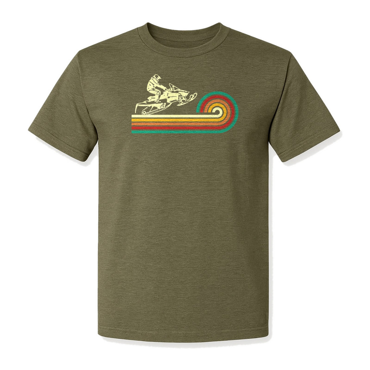 Snowmobile T-Shirt, Retro Rainbow Stripe Winter Sports Graphic Tee for Sledding Fans