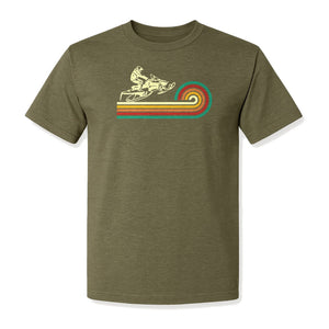 Snowmobile T-Shirt, Retro Rainbow Stripe Winter Sports Graphic Tee for Sledding Fans