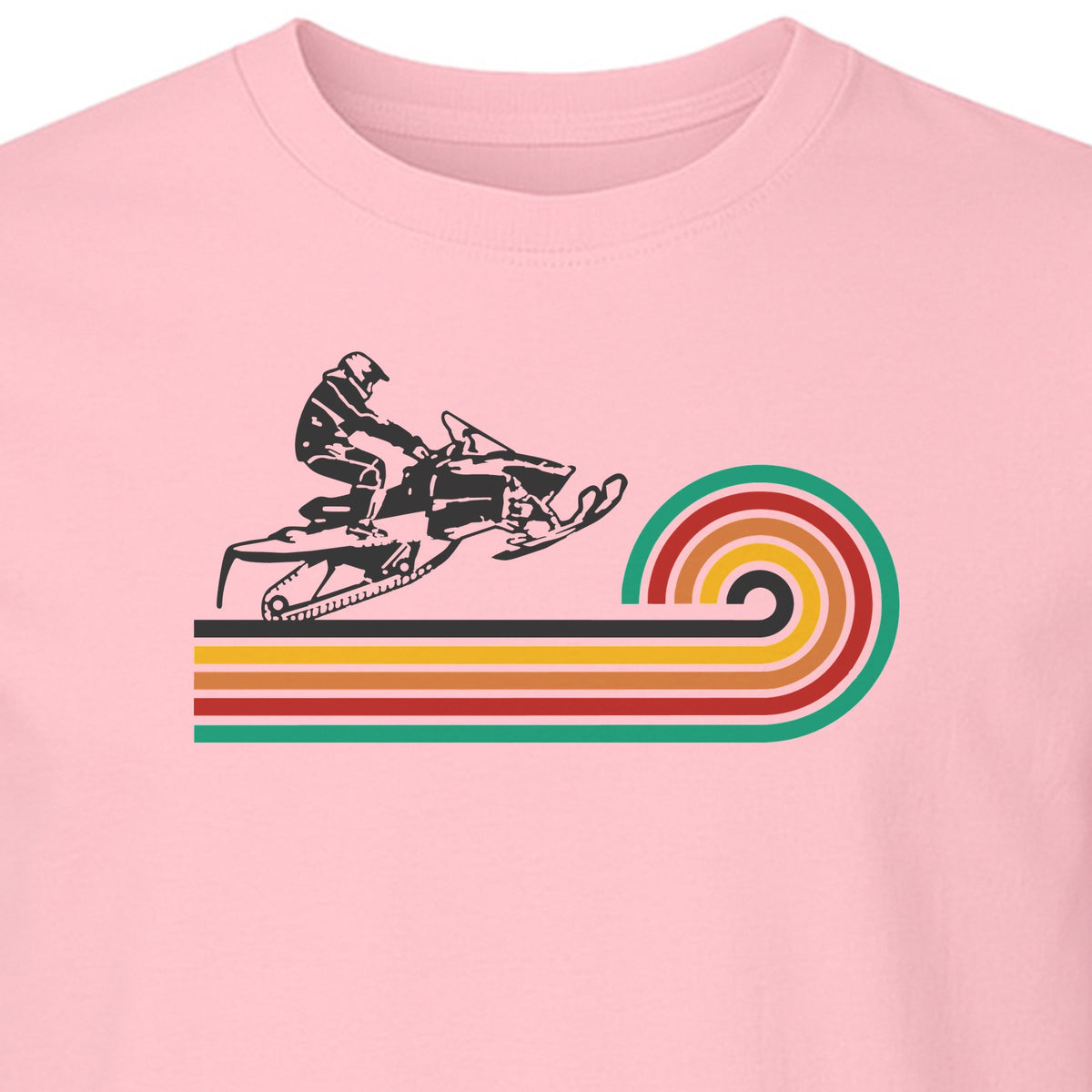 Snowmobile T-Shirt, Retro Rainbow Stripe Winter Sports Graphic Tee for Sledding Fans