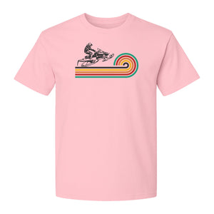 Snowmobile T-Shirt, Retro Rainbow Stripe Winter Sports Graphic Tee for Sledding Fans