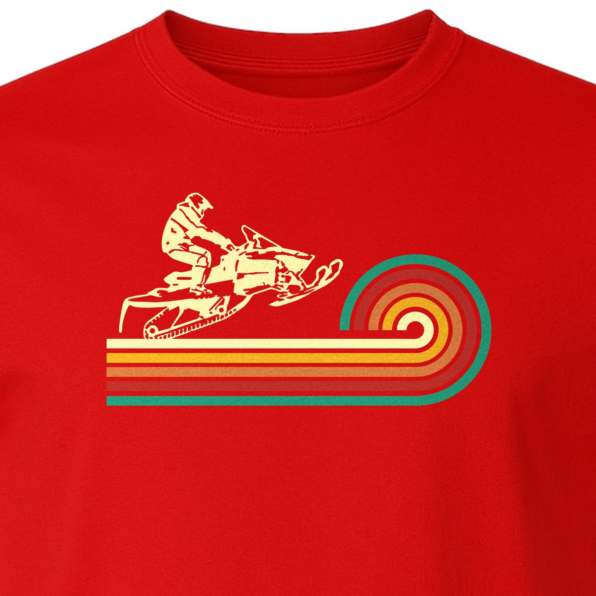 Snowmobile T-Shirt, Retro Rainbow Stripe Winter Sports Graphic Tee for Sledding Fans