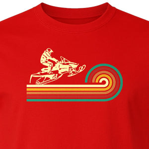 Snowmobile T-Shirt, Retro Rainbow Stripe Winter Sports Graphic Tee for Sledding Fans