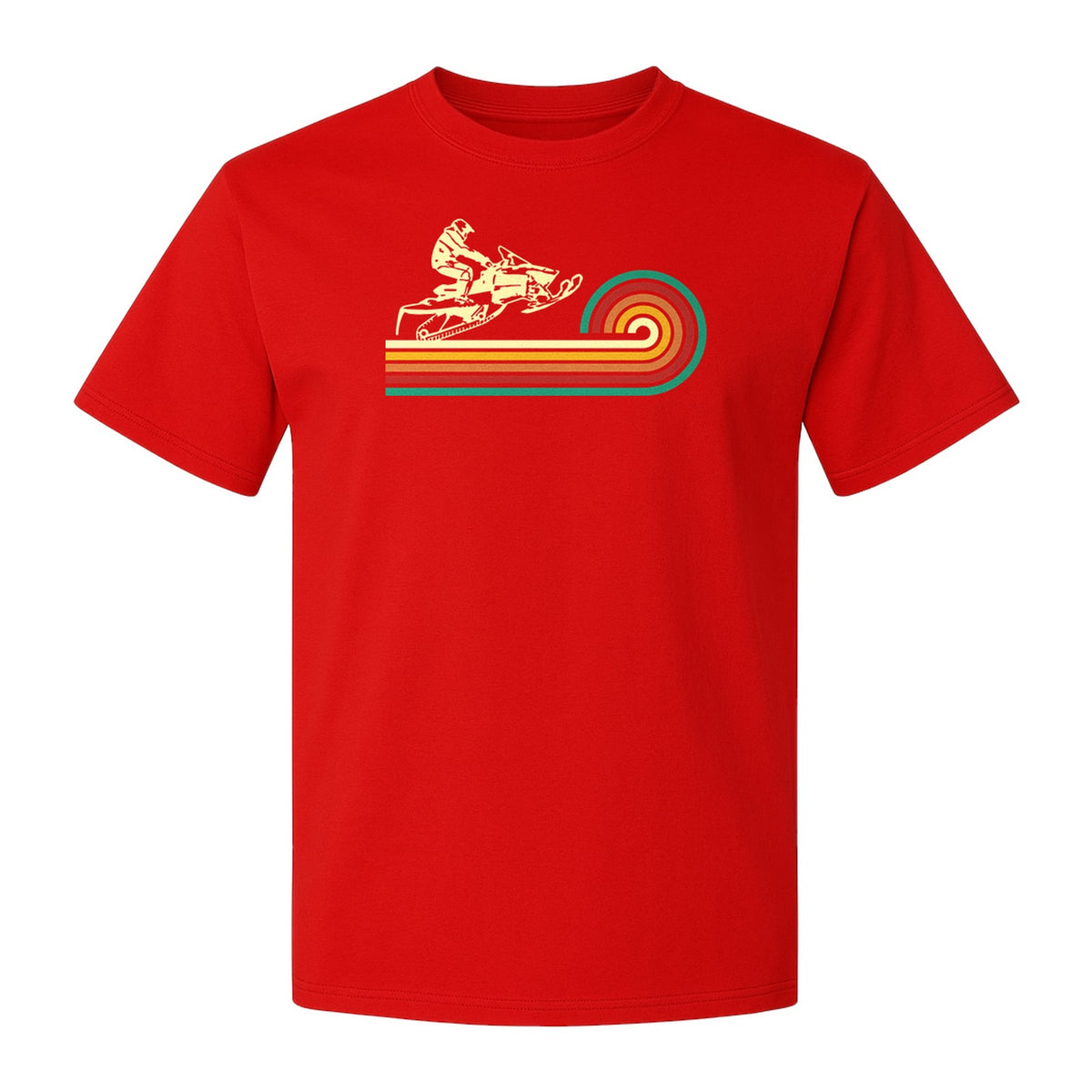 Snowmobile T-Shirt, Retro Rainbow Stripe Winter Sports Graphic Tee for Sledding Fans
