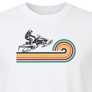 Snowmobile T-Shirt, Retro Rainbow Stripe Winter Sports Graphic Tee for Sledding Fans
