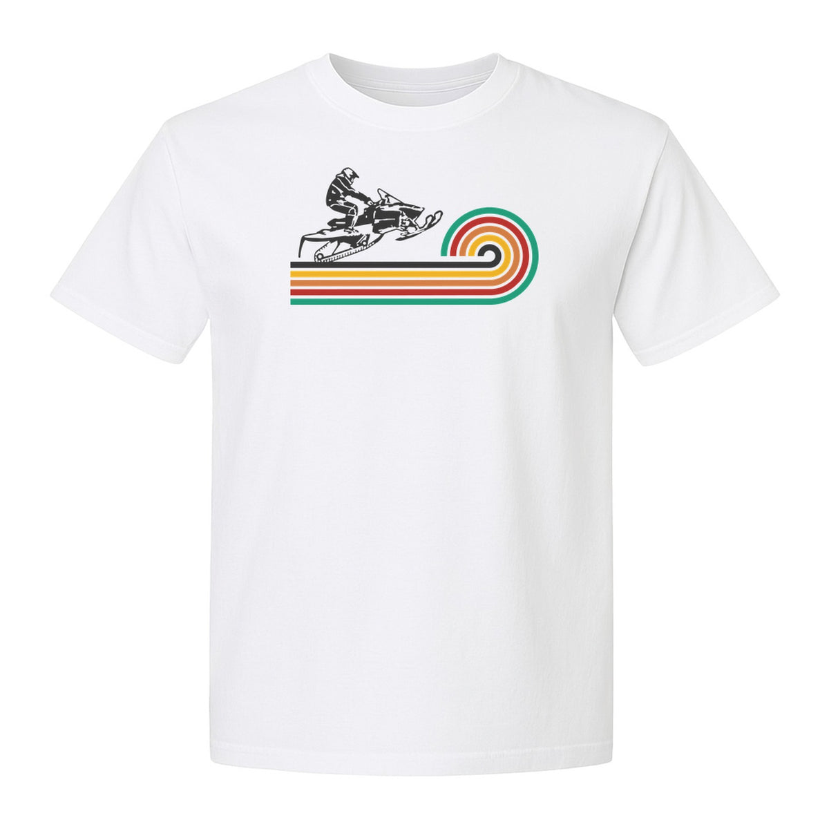 Snowmobile T-Shirt, Retro Rainbow Stripe Winter Sports Graphic Tee for Sledding Fans