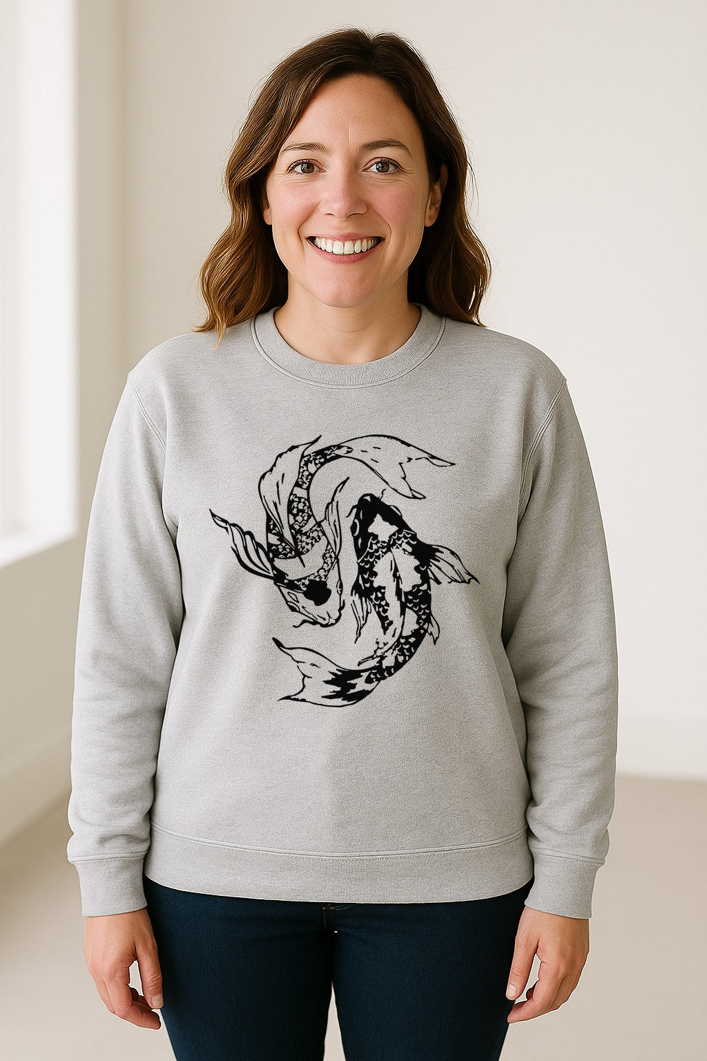 Koi Fish Sweatshirt, Japanese-Inspired Curled Illustration for Anglers and Art Lovers