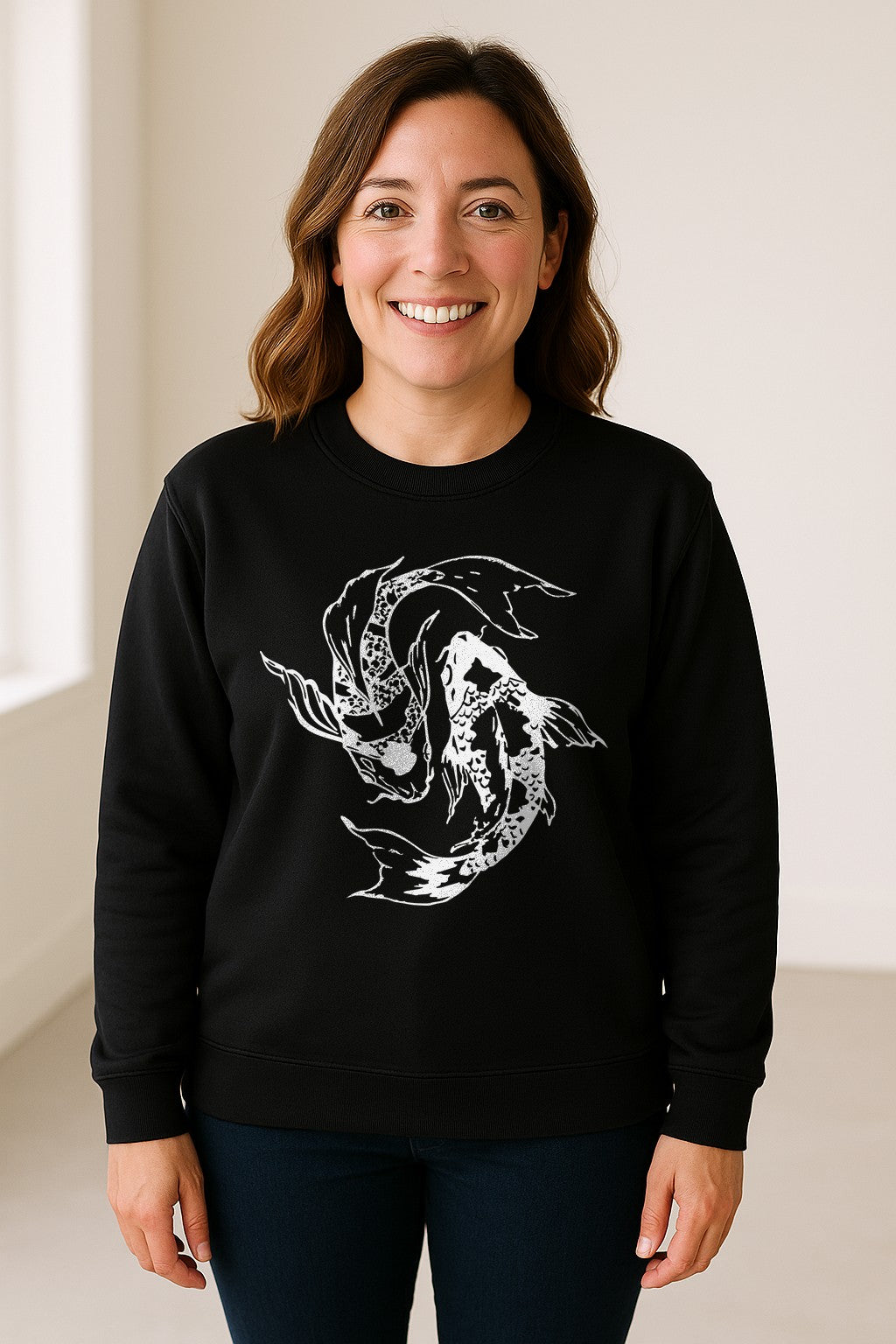 Koi Fish Sweatshirt, Japanese-Inspired Curled Illustration for Anglers and Art Lovers