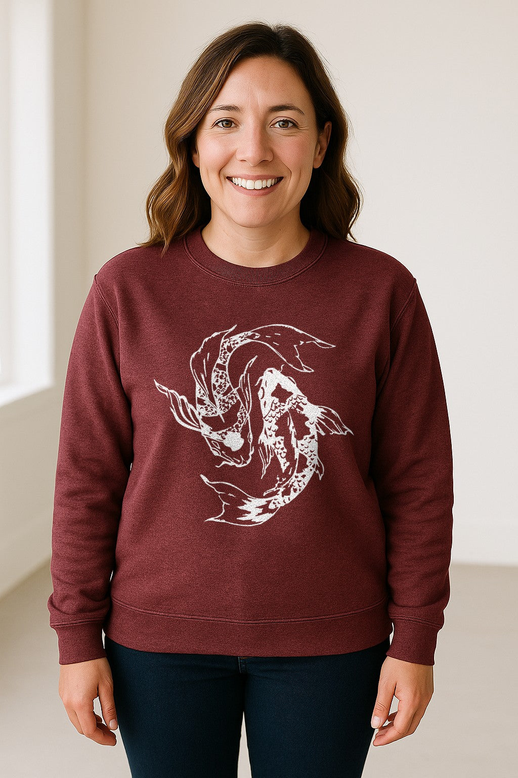 Koi Fish Sweatshirt, Japanese-Inspired Curled Illustration for Anglers and Art Lovers