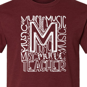 Music Teacher T-Shirt, Typography M Word Art for Band and Choir Educators