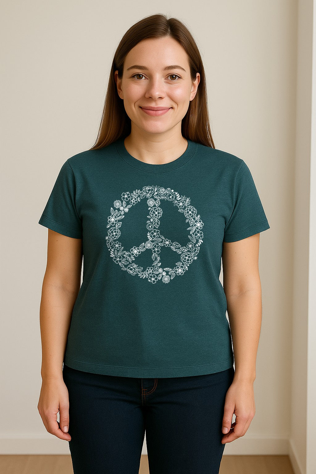 Peace Sign T-Shirt, Floral Boho Outline Design for Hippie Style and Retro Festival Fans