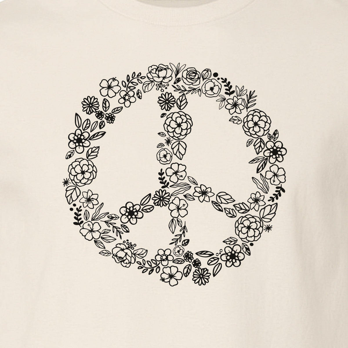 Peace Sign T-Shirt, Floral Boho Outline Design for Hippie Style and Retro Festival Fans