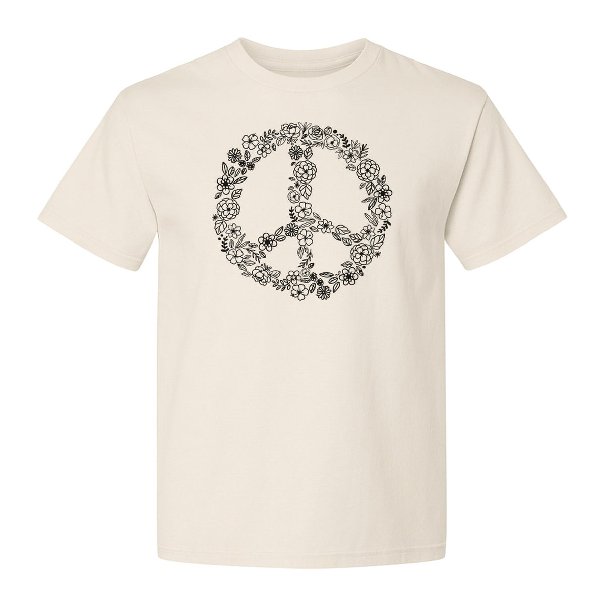 Peace Sign T-Shirt, Floral Boho Outline Design for Hippie Style and Retro Festival Fans
