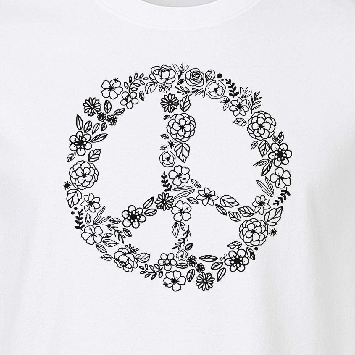 Peace Sign T-Shirt, Floral Boho Outline Design for Hippie Style and Retro Festival Fans