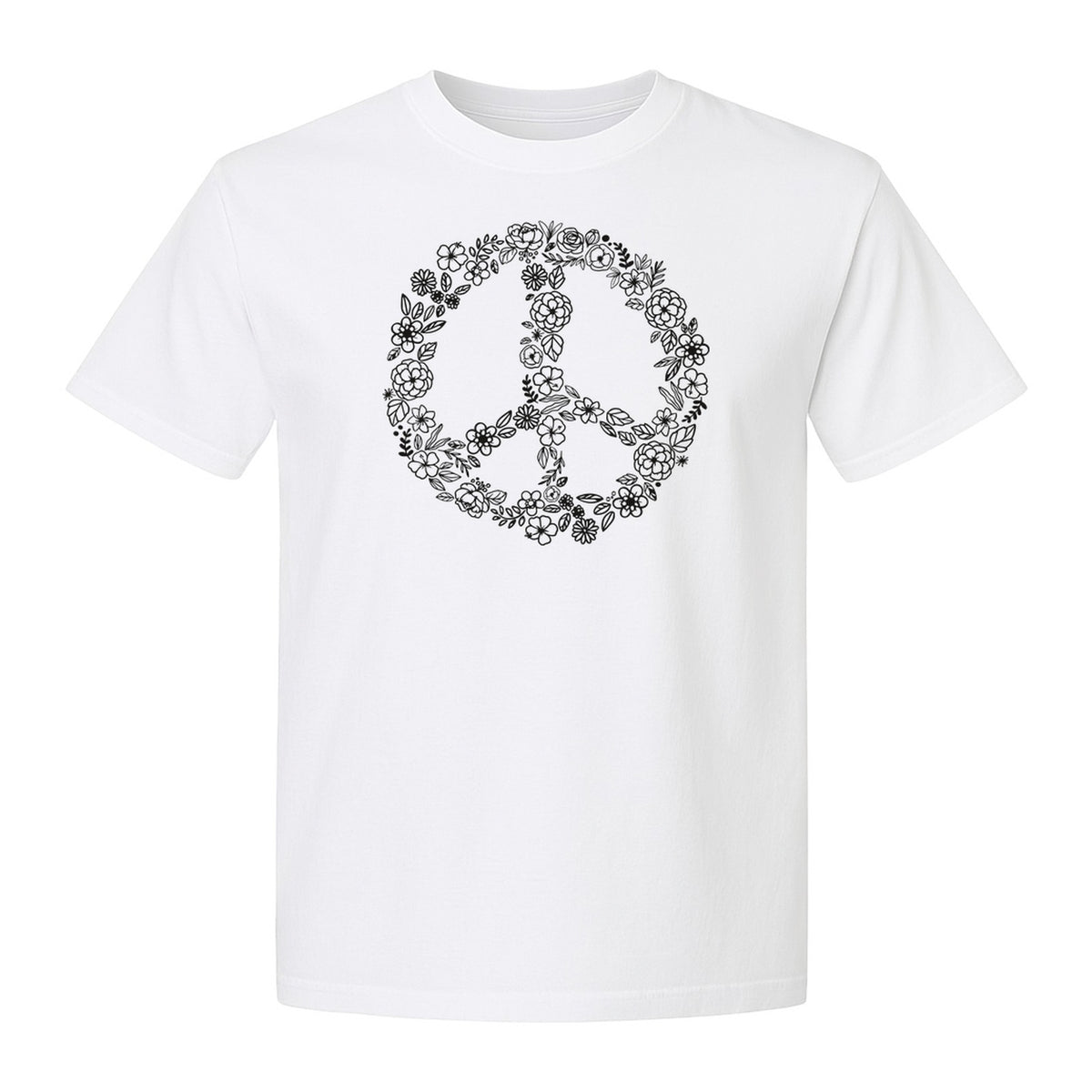 Peace Sign T-Shirt, Floral Boho Outline Design for Hippie Style and Retro Festival Fans