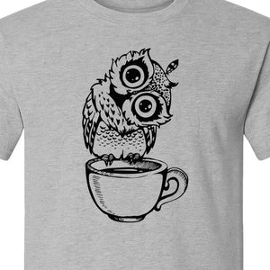 Owl Coffee T-Shirt, Perched in Teacup Design for Bird Watchers and Animal Lovers