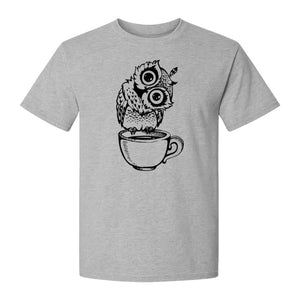 Owl Coffee T-Shirt, Perched in Teacup Design for Bird Watchers and Animal Lovers