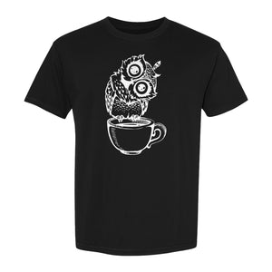 Owl Coffee T-Shirt, Perched in Teacup Design for Bird Watchers and Animal Lovers