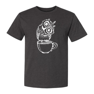 Owl Coffee T-Shirt, Perched in Teacup Design for Bird Watchers and Animal Lovers