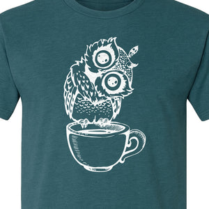 Owl Coffee T-Shirt, Perched in Teacup Design for Bird Watchers and Animal Lovers