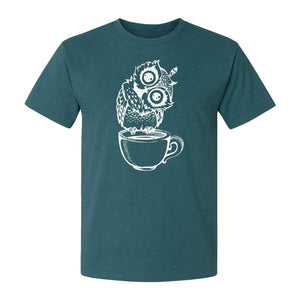 Owl Coffee T-Shirt, Perched in Teacup Design for Bird Watchers and Animal Lovers