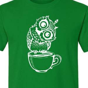 Owl Coffee T-Shirt, Perched in Teacup Design for Bird Watchers and Animal Lovers