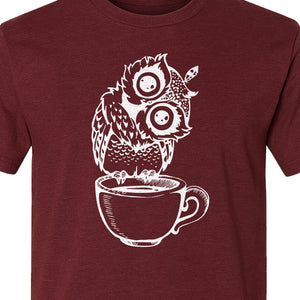 Owl Coffee T-Shirt, Perched in Teacup Design for Bird Watchers and Animal Lovers