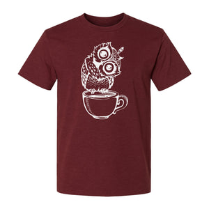 Owl Coffee T-Shirt, Perched in Teacup Design for Bird Watchers and Animal Lovers