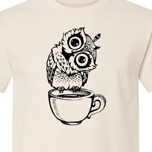 Owl Coffee T-Shirt, Perched in Teacup Design for Bird Watchers and Animal Lovers