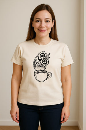 Owl Coffee T-Shirt, Perched in Teacup Design for Bird Watchers and Animal Lovers