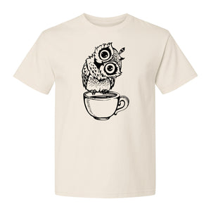 Owl Coffee T-Shirt, Perched in Teacup Design for Bird Watchers and Animal Lovers