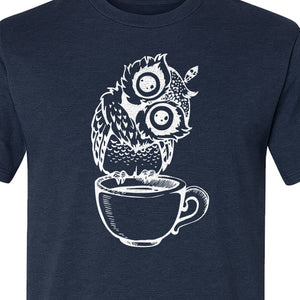 Owl Coffee T-Shirt, Perched in Teacup Design for Bird Watchers and Animal Lovers