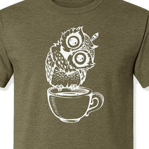 Owl Coffee T-Shirt, Perched in Teacup Design for Bird Watchers and Animal Lovers