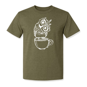 Owl Coffee T-Shirt, Perched in Teacup Design for Bird Watchers and Animal Lovers