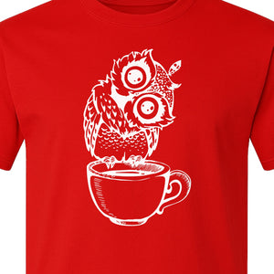 Owl Coffee T-Shirt, Perched in Teacup Design for Bird Watchers and Animal Lovers