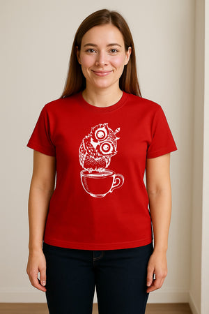 Owl Coffee T-Shirt, Perched in Teacup Design for Bird Watchers and Animal Lovers