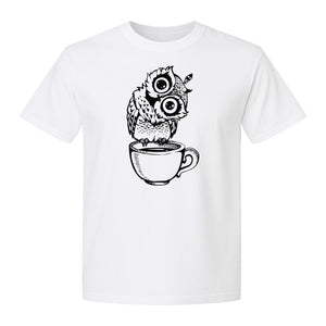 Owl Coffee T-Shirt, Perched in Teacup Design for Bird Watchers and Animal Lovers