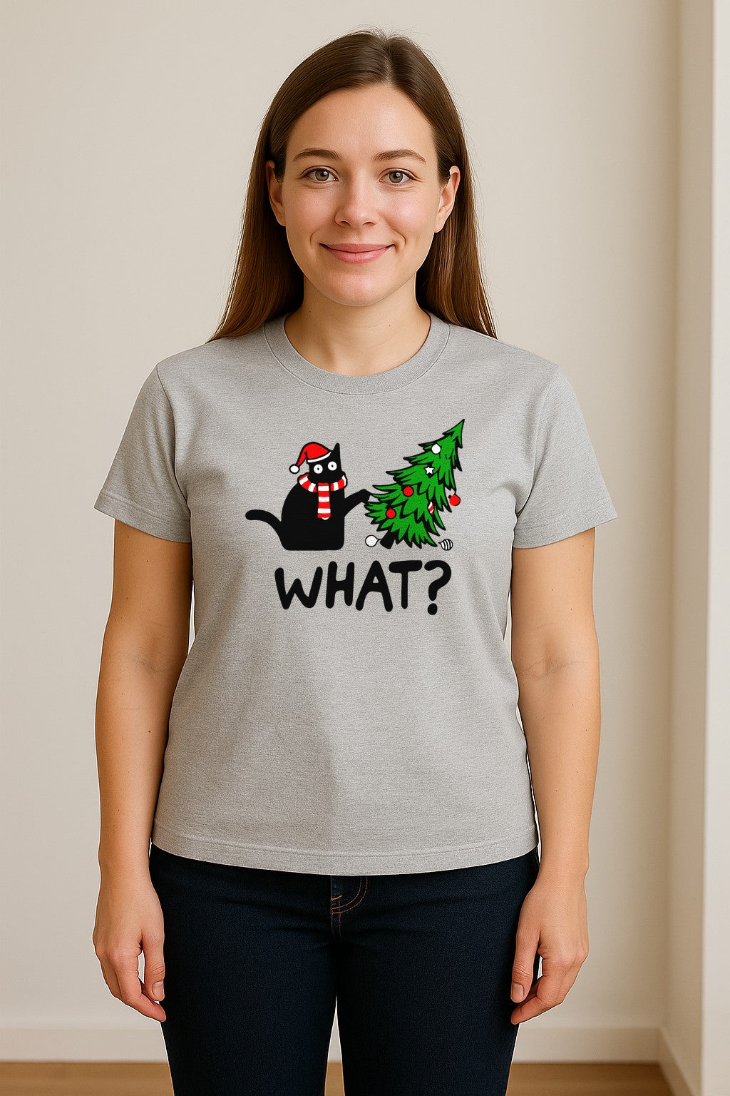 Christmas Cat T-Shirt, Funny What Tree Graphic for Holiday Parties and Animal Lovers