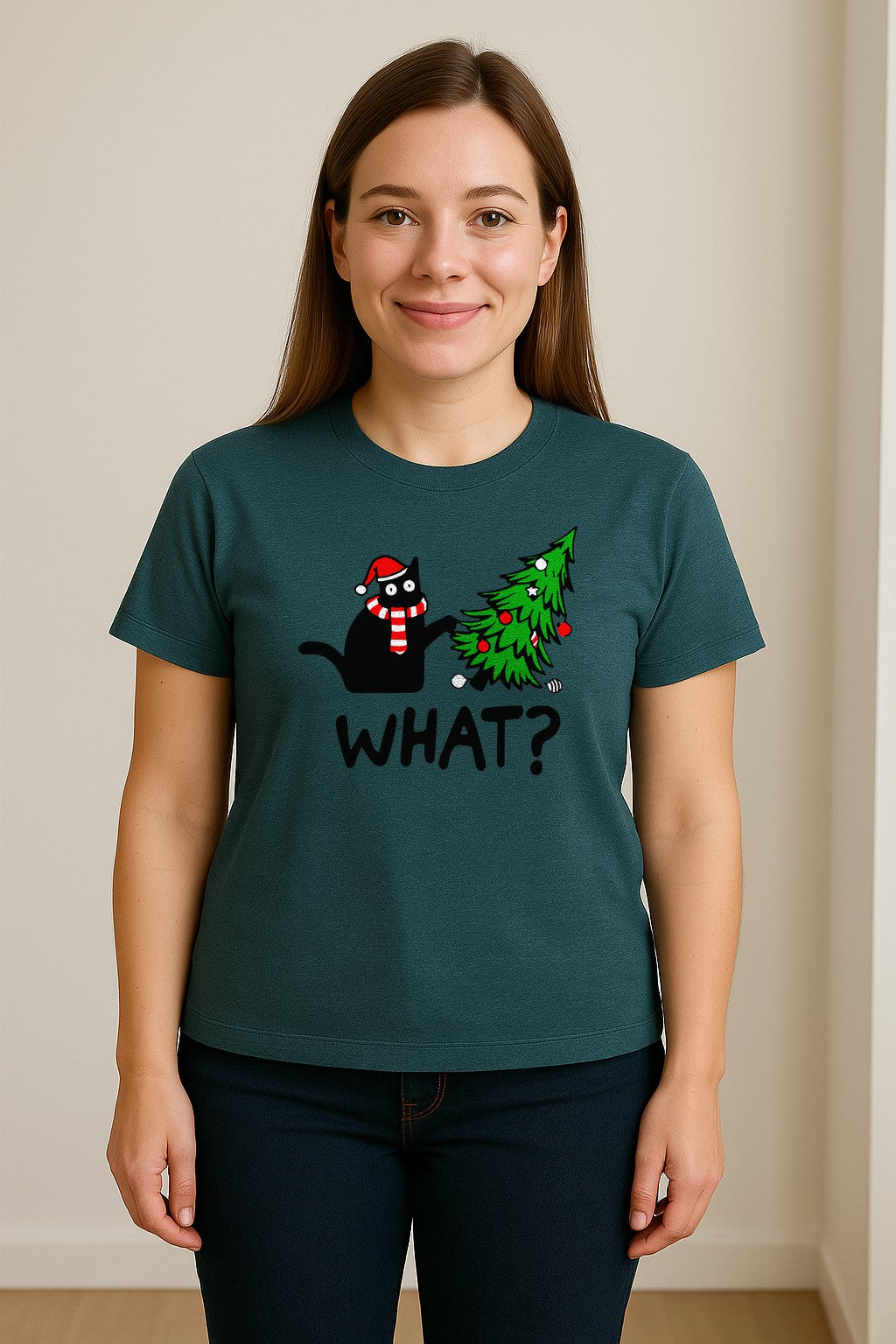 Christmas Cat T-Shirt, Funny What Tree Graphic for Holiday Parties and Animal Lovers