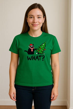 Christmas Cat T-Shirt, Funny What Tree Graphic for Holiday Parties and Animal Lovers