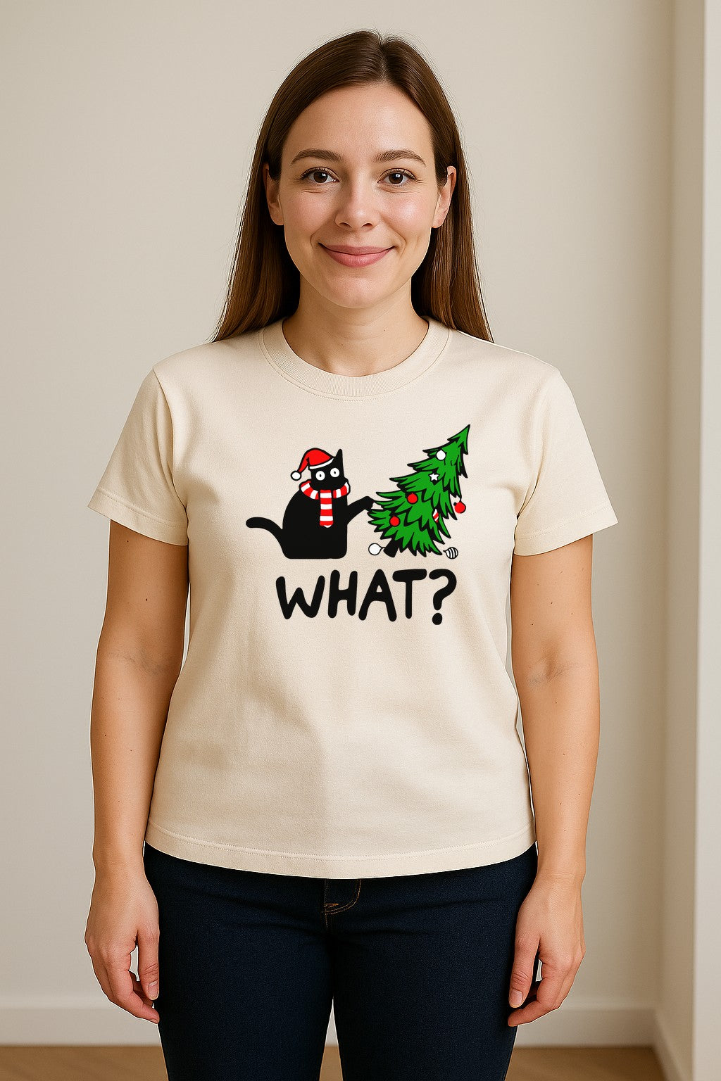Christmas Cat T-Shirt, Funny What Tree Graphic for Holiday Parties and Animal Lovers