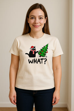 Christmas Cat T-Shirt, Funny What Tree Graphic for Holiday Parties and Animal Lovers